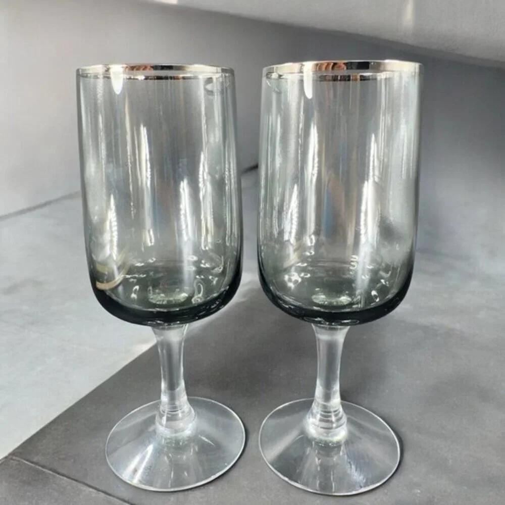 Fostoria Cherish Smoke Grey and Platinum Trim Set 2 Drinking Glasses Cups Glass